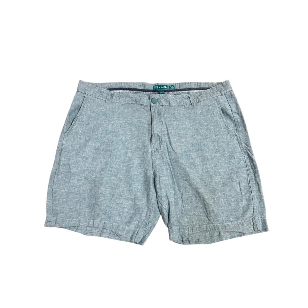 Tenth + Ocean Mens 38 Classic Washable Linen Shorts Light Blue Chambray Casual